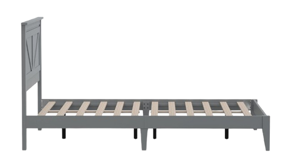 Left Side View Of The Rize Home Farmhouse Style Wooden Bed Frame Shown In Ultimate Gray Color