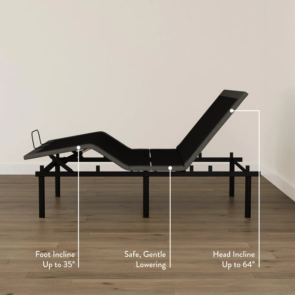 Left Side View Of The Rize Tranquility II Adjustable Bed With Features Highlighted On A Wooden Floor And Beige Wall