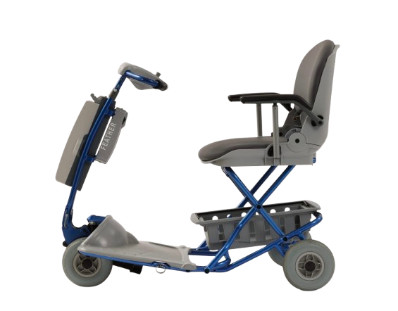 Left Side View Of The Tzora Feather Ultra Lightweight Mobility Scooter Shown In The Blue Color