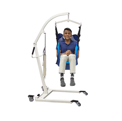Left Side View Of The Vive Health Hydraulic Patient Lift With Sling Shown With A Person Inside The Sling While Seated In The Lift