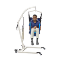Left Side View Of The Vive Health Hydraulic Patient Lift With Sling Shown With A Person Inside The Sling While Seated In The Lift