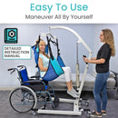 Left Side View Of The Vive Health Hydraulic Patient Lift With Sling Shown With A Woman Inside The Sling While Another Woman Assists With Operating The Lift With Text 'Easy To Use' And 'Maneuver All By Yourself'