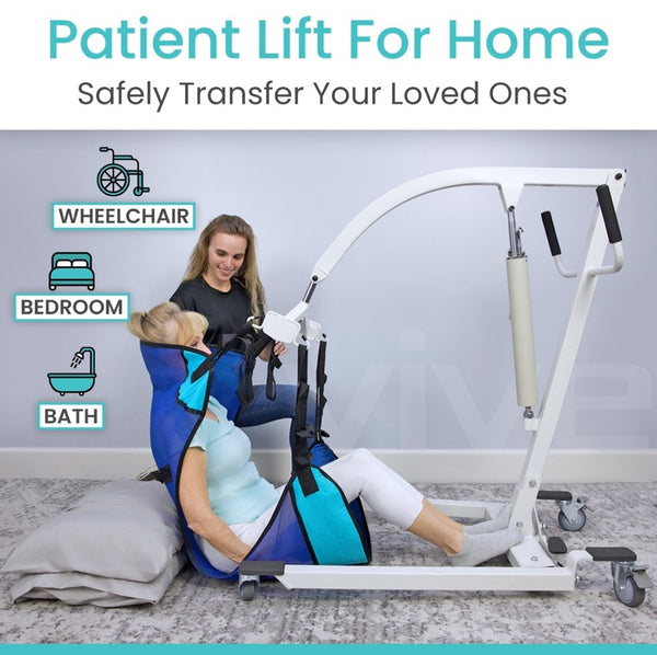 Left Side View Of The Vive Health Hydraulic Patient Lift With Sling Shown With A Woman Sitting In The Sling With The Assistance Of Another Woman With Text 'Patient Lift For Home' And 'Safely Transfer Your Loved Ones'