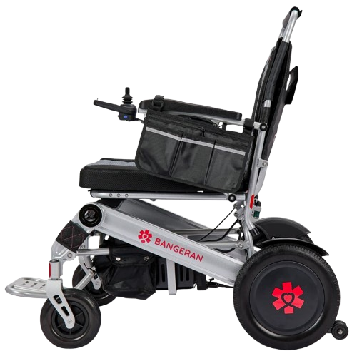 Left Side View Of The Bangeran Mammoth EX Automatic Folding Electric Wheelchair Shown In Silver And Red Color