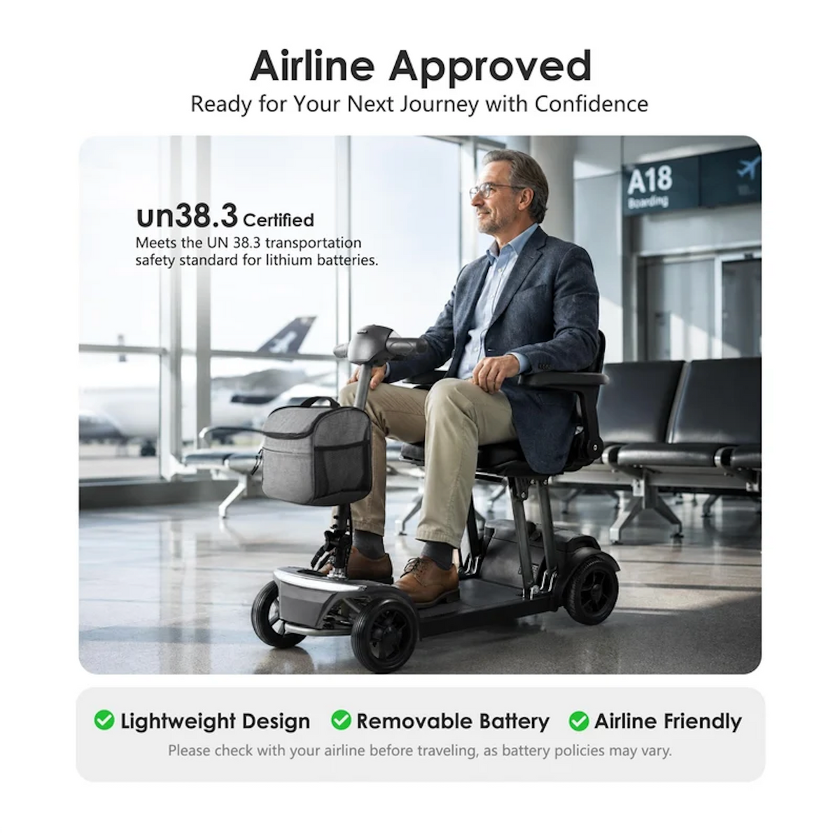 Man Sitting In The Metro Mobility Air Traveller 4 Wheel Travel Mobility Scooter In An Airport Setting With Text Airline Approved