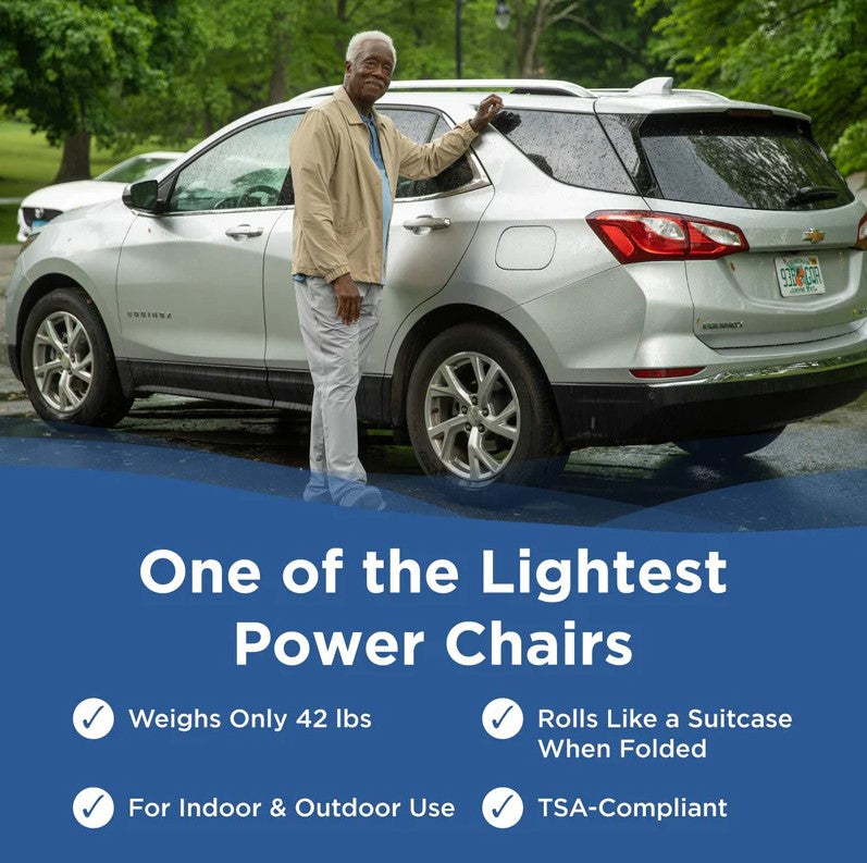 Man Standing Next To A Silver SUV With Text About The Journey Zinger Electric Wheelchair On Blue Background