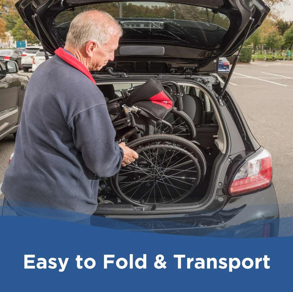 Man Loading The Journey So Lite C2 Wheelchair Into The Trunk Of A Car With Text