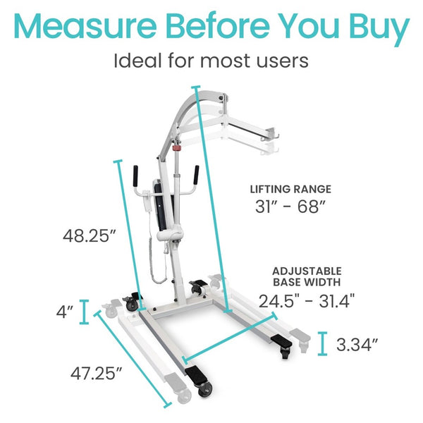 Measurement Chart Of The Vive Health Electric Patient Lift With Dimensions