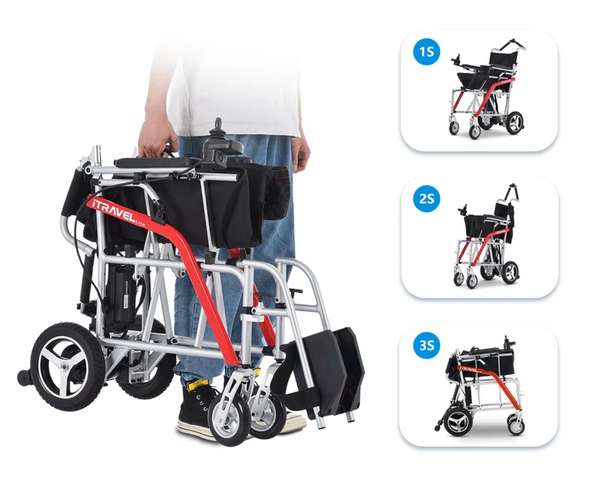 Multiple Images Of The Metro Mobility iTravel Lite Lightweight Electric Wheelchair In The Silver Color Demonstrating Its Lightweight Design And Easy Folding