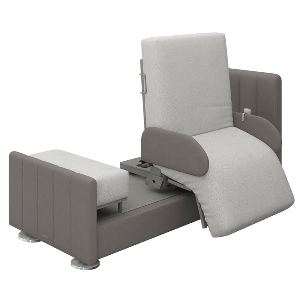 Orin adjustable rotating bed with side assist rails, featuring a grey and white color scheme, designed for ease of getting into and out of bed, and includes massage and heating functionalities.