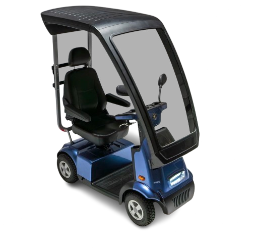 Overhead Front Right Side View Of The AFIKIM Afiscooter C4 Scooter Shown With Optional Hard Top Canopy In The Blue Color