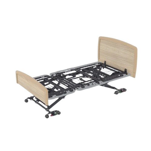 Overhead View Of The Accora Empresa 12-Function Hi-Low Adjusting Nursing Bed Shown In Arc Design And Oak Wood Finish