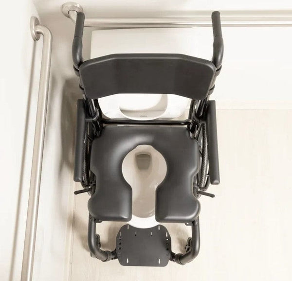 Overhead View Of The ActiveAid SC Self-Propelled Shower Commode Chair Shown With Black Frame And Open Front Seat Cushion