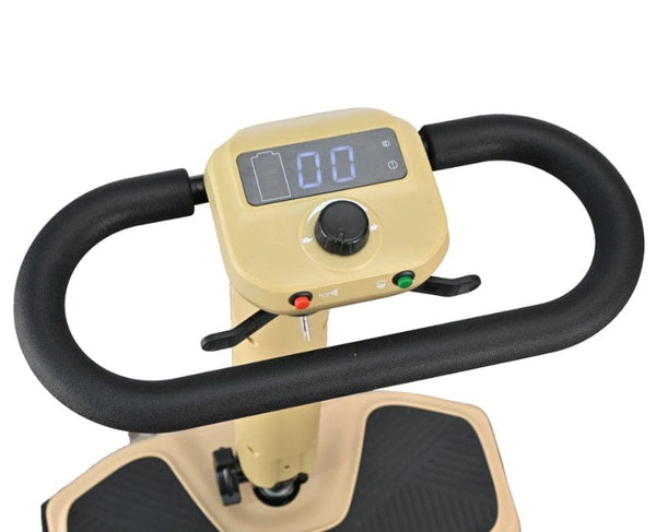 Overhead View Of The Control Panel For The Reyhee Flex Electric Folding Mobility Scooter Shown With The Tan Colored Frame