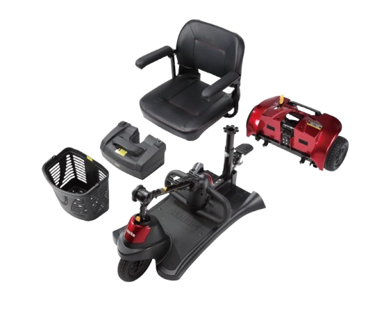 Overhead View Of The Merits Roadster S3 Mobility Scooter In Red Color With Pieces Sitting Individually Including The Chair, Battery, Rear Wheels, And Basket