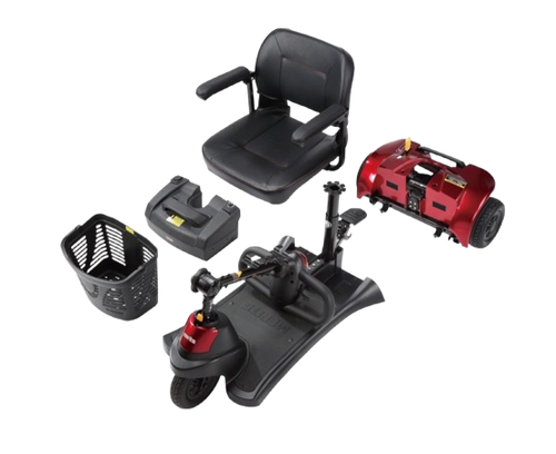 Overhead View Of The Merits Roadster S3 Mobility Scooter In Red Color With Pieces Sitting Individually Including The Chair, Battery, Rear Wheels, And Basket