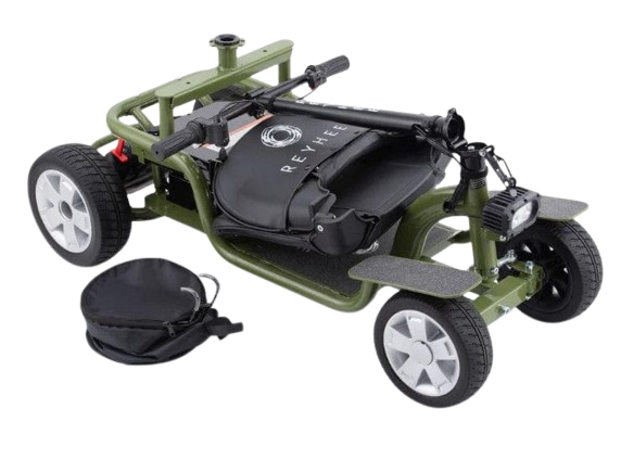 Overhead View Of The Reyhee EXO Electric Mobility Scooter Shown With The Green Frame In The Folded Position