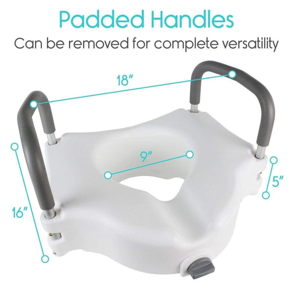 Overhead View Of The Vive Health Raised Toilet Seat With Text 'Padded Handles' And 'Can Be Removed For Complete Versatility'