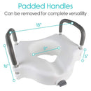 Overhead View Of The Vive Health Raised Toilet Seat With Text 'Padded Handles' And 'Can Be Removed For Complete Versatility'