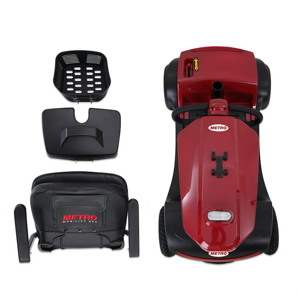Overrhead View Of The Metro Mobility Patriot 4 Wheel Mobility Scooter In Red Color Shown In The Disassembled Position