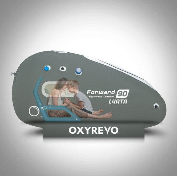 OxyRevo Forward90 Portable Sitting Hyperbaric Chamber Side View Parent And Child Sitting Inside