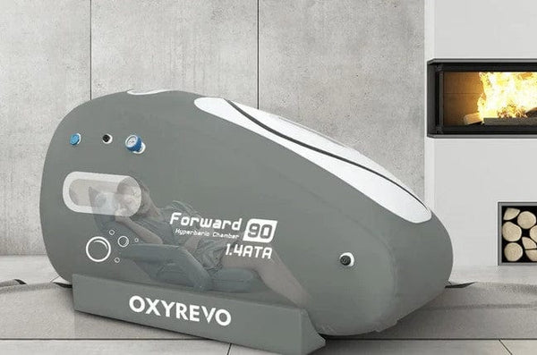 OxyRevo Forward90 Portable Sitting Hyperbaric Chamber Side View Woman Reclining In Folding Chair