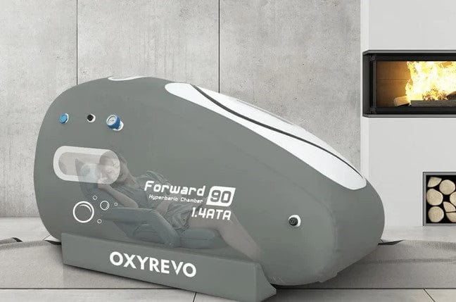 OxyRevo Forward90 Portable Sitting Hyperbaric Chamber Side View Woman Reclining In Folding Chair