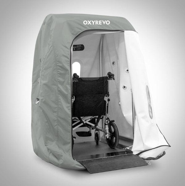 OxyRevo Heal40 Soft Hyperbaric Chamber Open Door With Wheelchair Inside