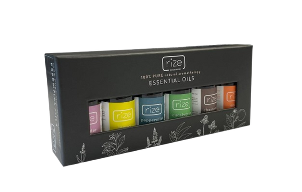 Packaging Of Rize Home Essential Oils With Colorful Bottles
