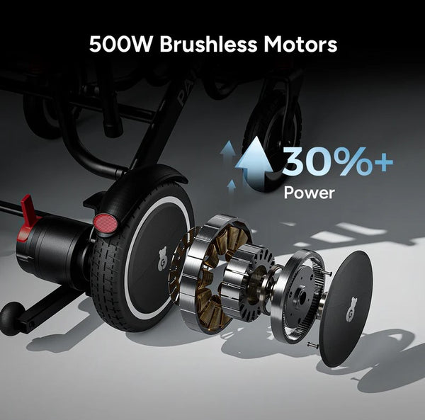 Paiseec Q3 Lightweight Electric Wheelchair 500W Brushless Motors And Power Increase Graphic On A Dark Background 