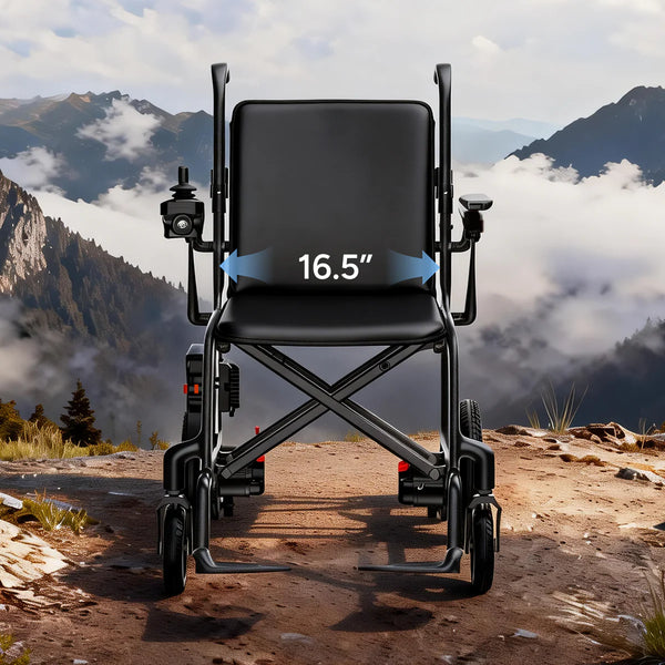 Paiseec Q5 Carbon Fiber Electric Wheelchair With 16.5-inch Seat Width Measurement Against A Mountainous Landscape