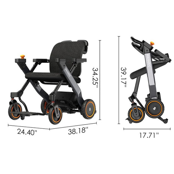 Paiseec W3 Electric Wheelchair Measurement Diagram Unfolded And Folded