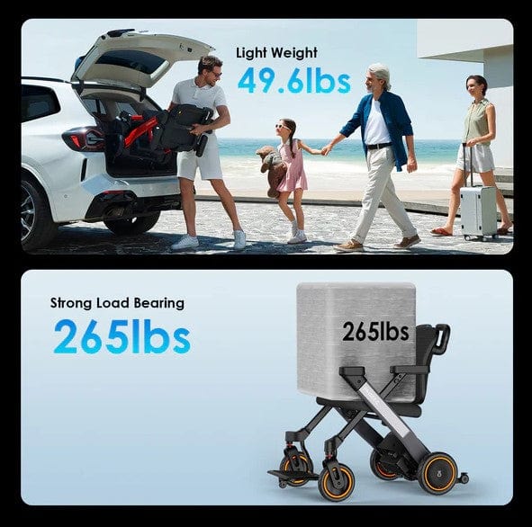 Paiseec W3 Electric Wheelchair Split Image Demonstrating The 49.6 Weight Of The Product And The 265 lbs. Bearing Load Capacity