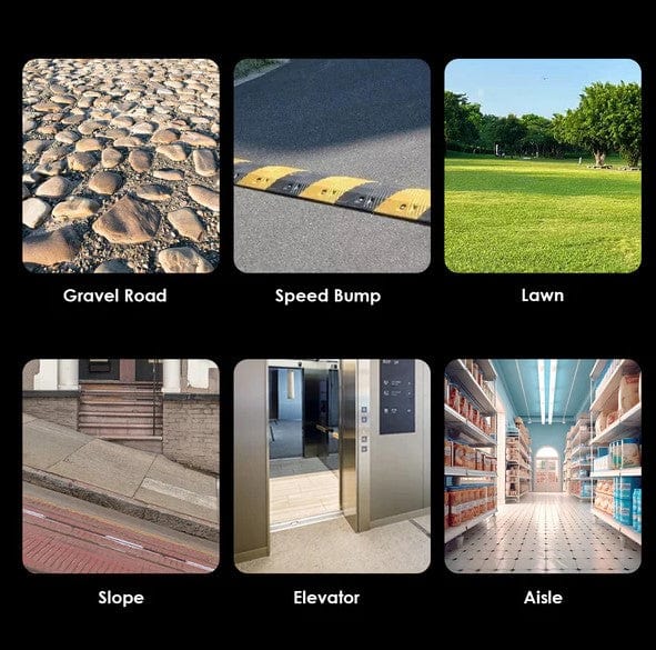 Paiseec W3 Electric Wheelchair Terrain Capability Images Including Gravel Road, Speed Bumps, Lawn, Slope, Elevator, and Aisle