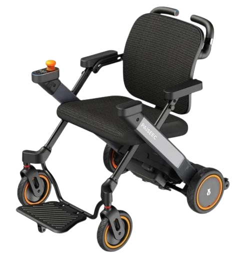 Paiseec W3 Ultra-Lightweight Electric '3-in-1' Wheelchair Front View, Showcasing Its Orange And Black Color Scheme With A Compact Design