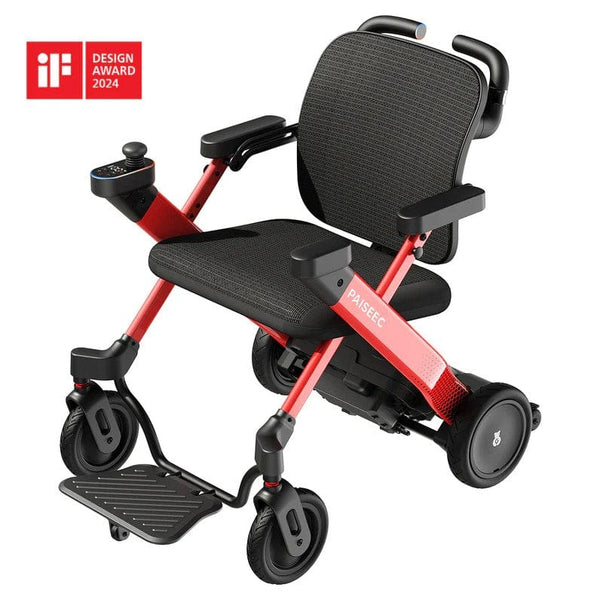 Paiseec W3 Ultra-Lightweight Electric '3-in-1' Wheelchair Front View, Showcasing Its Red And Black Color Scheme With A Compact Design