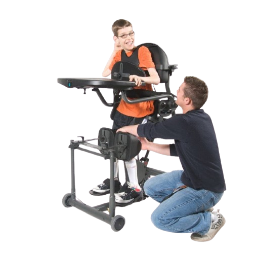 Person Adjusting The EasyStand Evolv Medium With A Child Sitting On It
