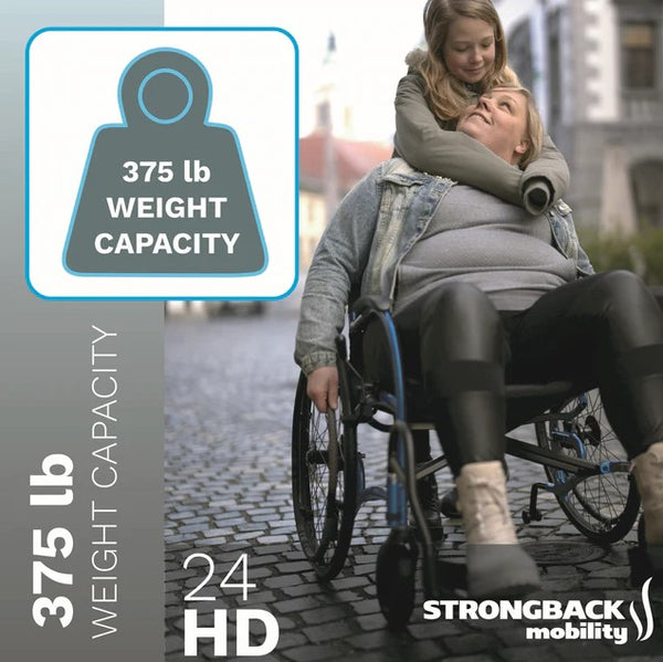 Person Using A Strongback 24HD Heavy Duty Wheelchair With A Child On Their Back Featuring Strongback Mobility Branding And Weight Capacity Information 