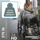 Person Using A Strongback 24HD Heavy Duty Wheelchair With A Child On Their Back Featuring Strongback Mobility Branding And Weight Capacity Information 