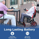 Person Using The Journey Air Elite Carbon Fiber Electric Wheelchair Shown In Red Trim With Text About Long-Lasting Battery Life 