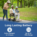 Person Using The Journey Zoomer Electric Wheelchair Shown In Black Color With Text About Long-Lasting Battery On A Park Background