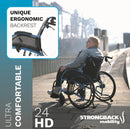 Person Using The Strongback 24HD Heavy Duty Wheelchair Ergonomic Backrest On A Bridge Featuring Strongback Mobility Branding