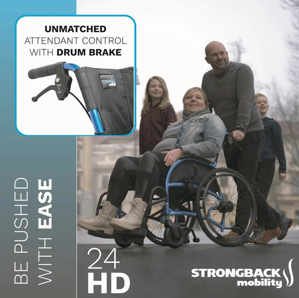 Person Using The Strongback 24HD Heavy Duty Wheelchair With Text Highlighting Unmatched Attendant Control With Drum Brake And Strongback Mobility Branding 