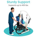 Person Using The Vive Health Electric Patient Lift To Assist A Patient In A Wheelchair With Text 'Sturdy Support' And 'Supports Up To 400 lbs.'