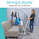 Person Using The Vive Health Hydraulic Patient Lift With Sling To Assist Another Person Onto A Couch, With Text 'Strong And Sturdy' And 'Supports Up To 400 lbs'