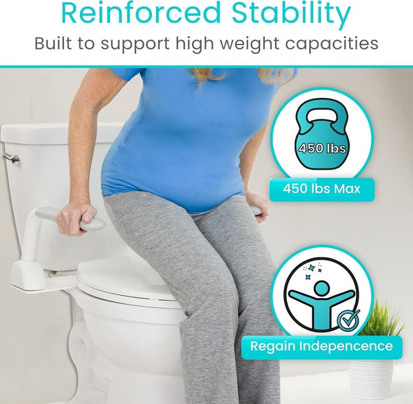 Person Using The Vive Health Rise Up Toilet Rail With Text About Reinforced Stability And Weight Capacity