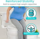 Person Using The Vive Health Rise Up Toilet Rail With Text About Reinforced Stability And Weight Capacity