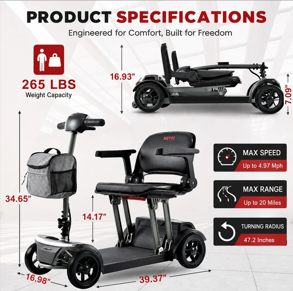 Product Specifications Of The Metro Mobility Air Traveller 4 Wheel Travel Mobility Scooter With Dimensions Listed