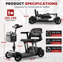 Product Specifications Of The Metro Mobility Air Traveller 4 Wheel Travel Mobility Scooter With Dimensions Listed