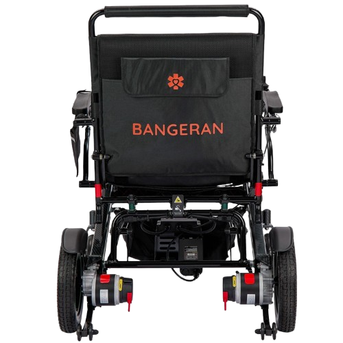 Rear Centered View Of The Bangeran Mammoth EX Electric Wheelchair Shown In Black And Orange Color